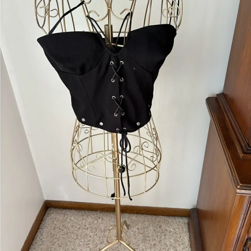 Princess Polly Lace Up Corset Crop Top Size 6 Black Grommet
